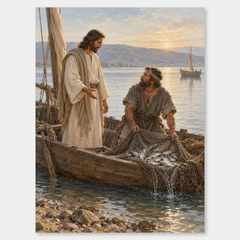The Great Catch at Gennesaret on a neutral gray background