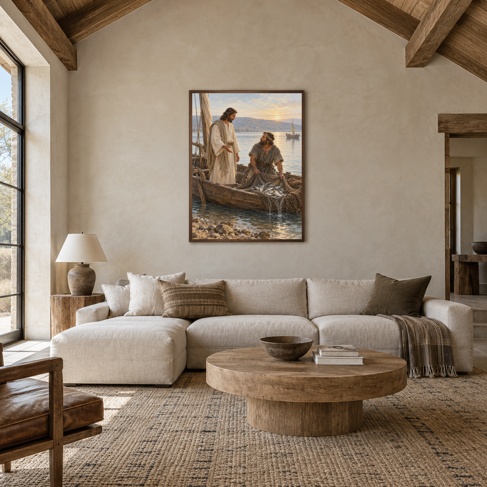 The Great Catch at Gennesaret oil painting displayed in a living room