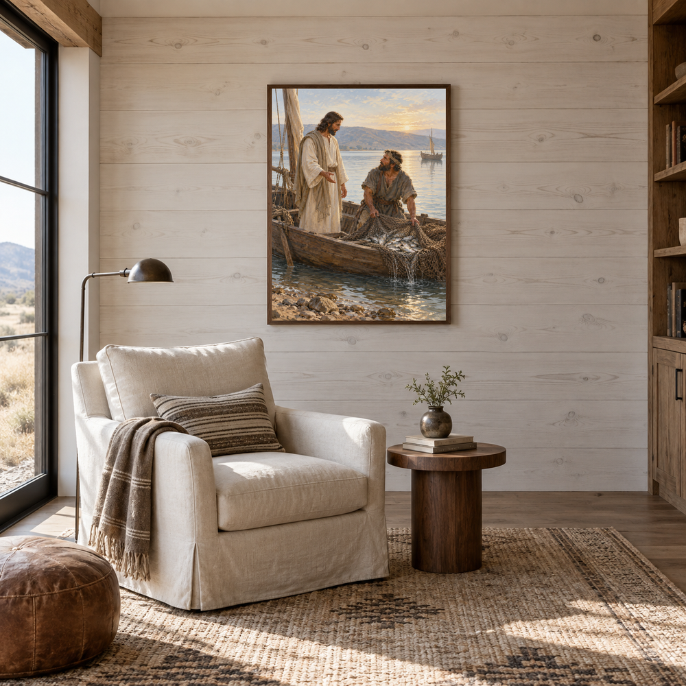 The Great Catch at Gennesaret oil painting displayed in a reading room