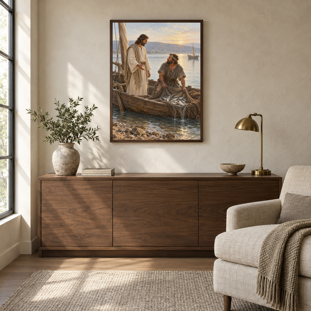 The Great Catch at Gennesaret oil painting displayed in a quiet reading and prayer corner