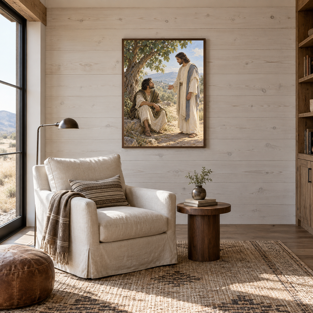 Nathanael Beneath the Fig Tree oil painting displayed in a reading room