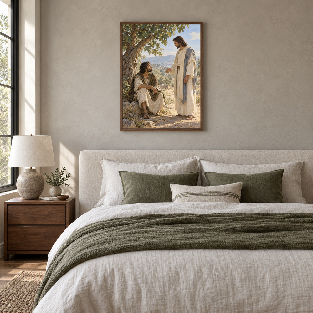 Nathanael Beneath the Fig Tree oil painting displayed in a neutral bedroom