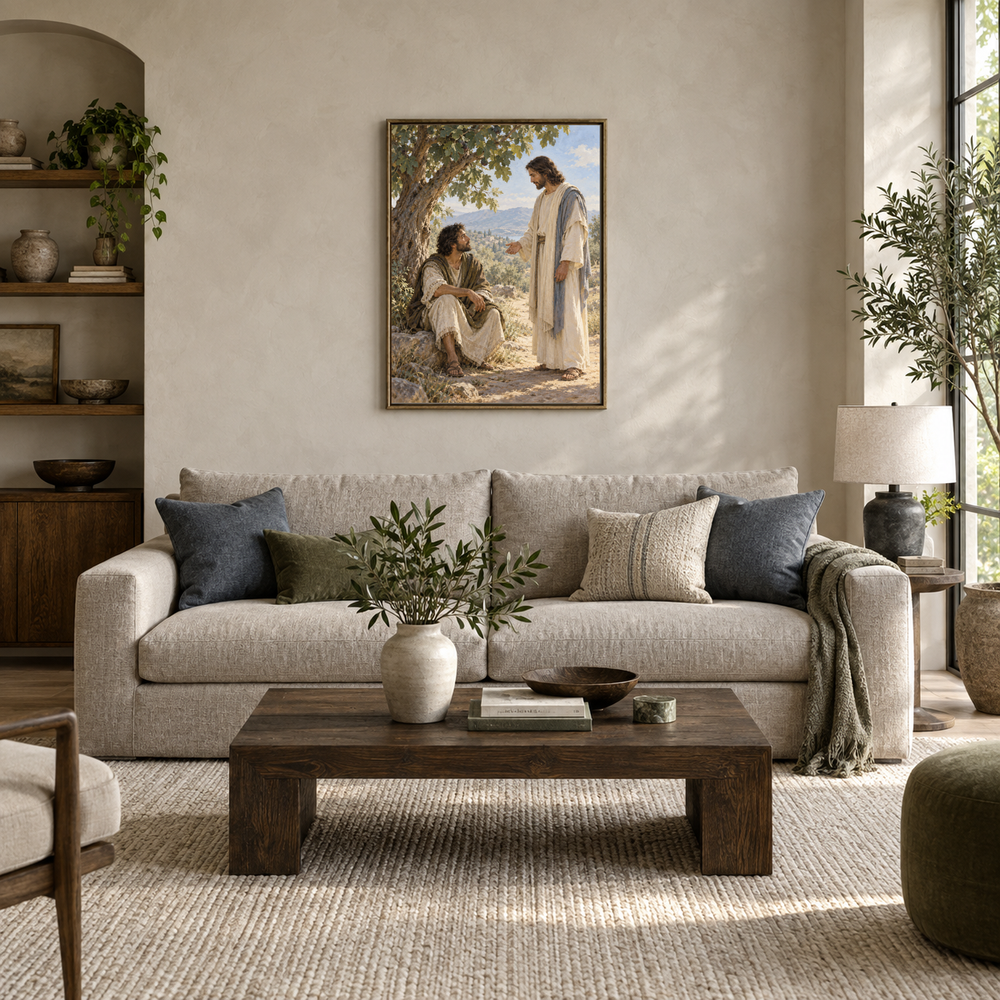 Nathanael Beneath the Fig Tree oil painting displayed in a modern living room