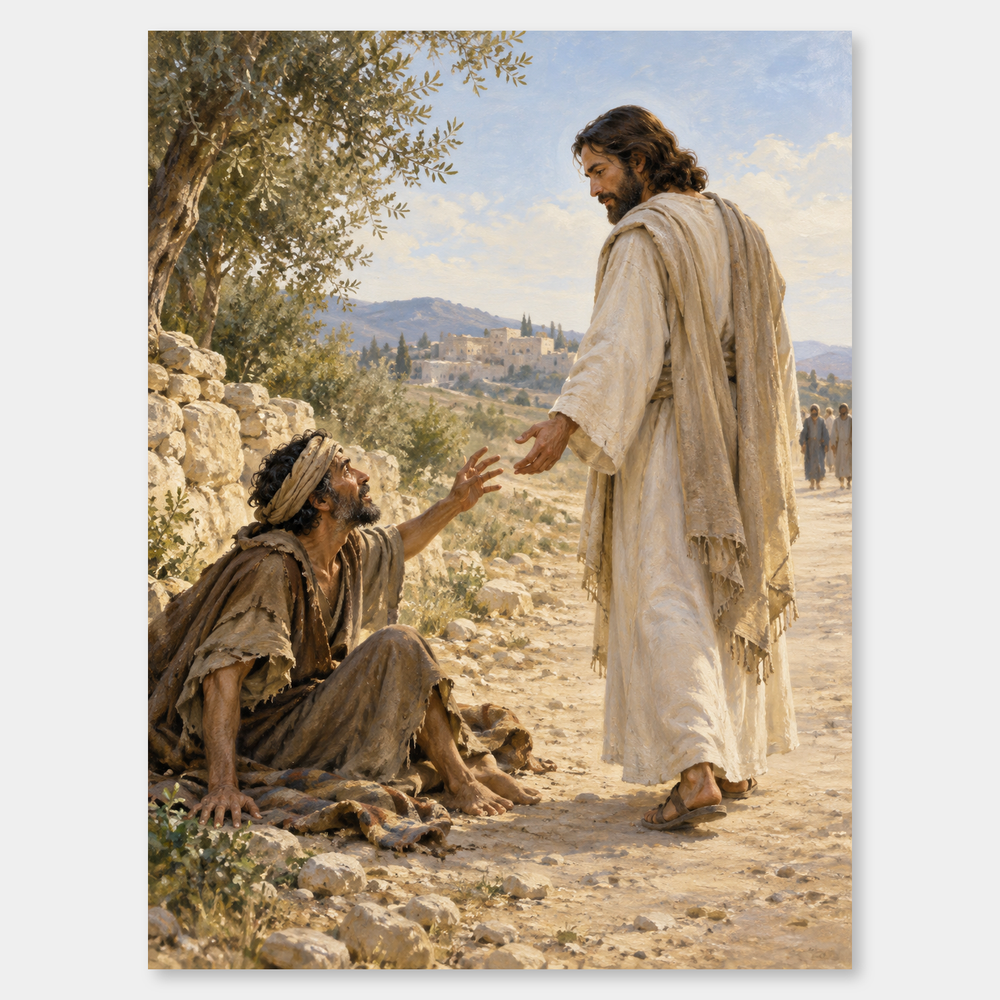 Bartimaeus Calls to Jesus on a neutral gray background