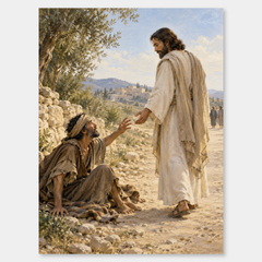 Bartimaeus Calls to Jesus on a neutral gray background