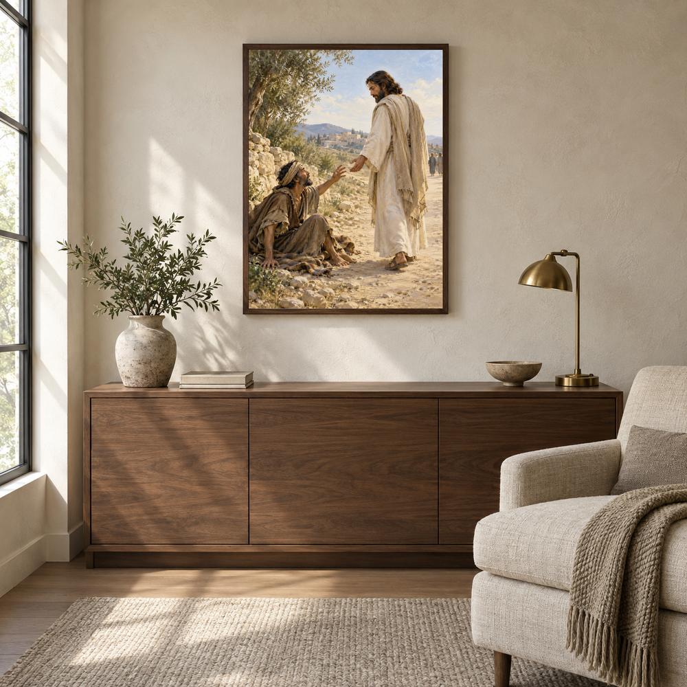 Bartimaeus Calls to Jesus oil painting displayed in a quiet reading and prayer corner