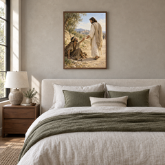 Bartimaeus Calls to Jesus oil painting displayed in a neutral bedroom