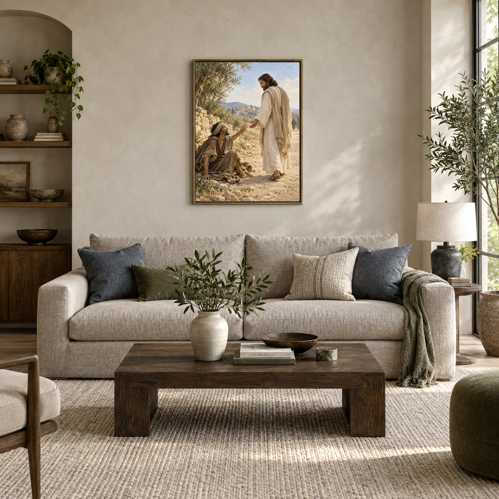 Bartimaeus Calls to Jesus oil painting displayed in a modern living room