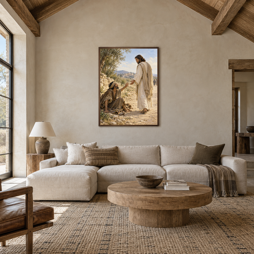 Bartimaeus Calls to Jesus oil painting displayed in a living room