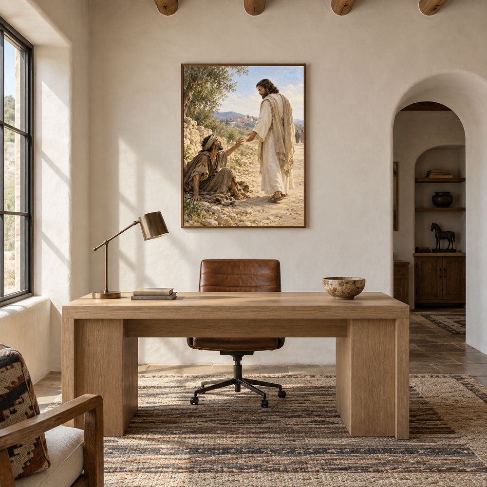 Bartimaeus Calls to Jesus oil painting displayed in a study