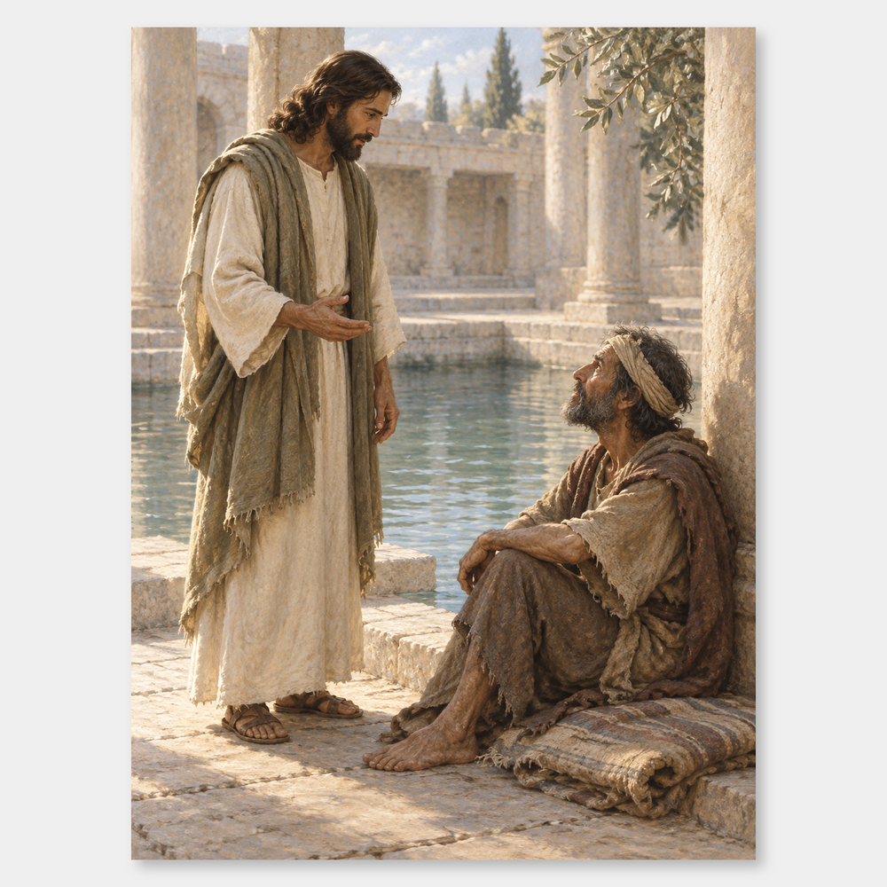At the Pool of Bethesda on a neutral gray background
