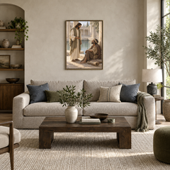 At the Pool of Bethesda oil painting displayed in a modern living room