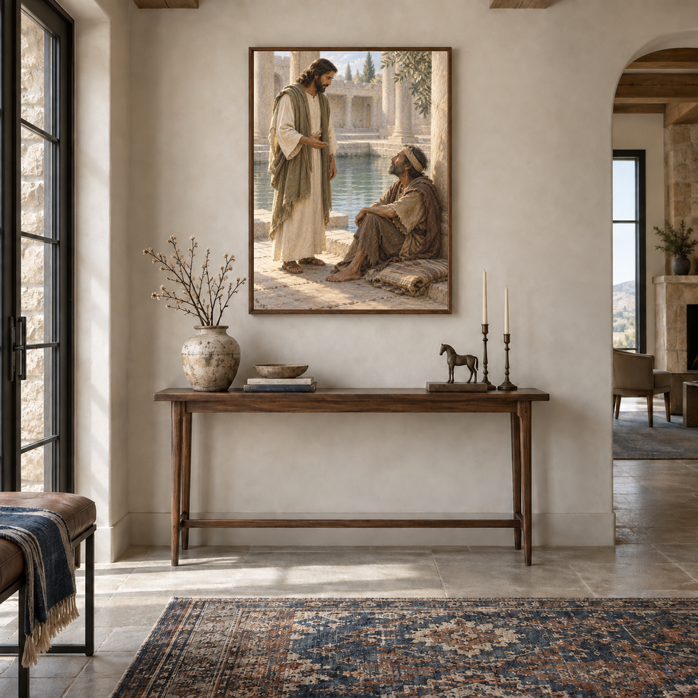 At the Pool of Bethesda oil painting displayed in a entryway