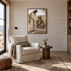 The Man Born Blind oil painting displayed in a reading room