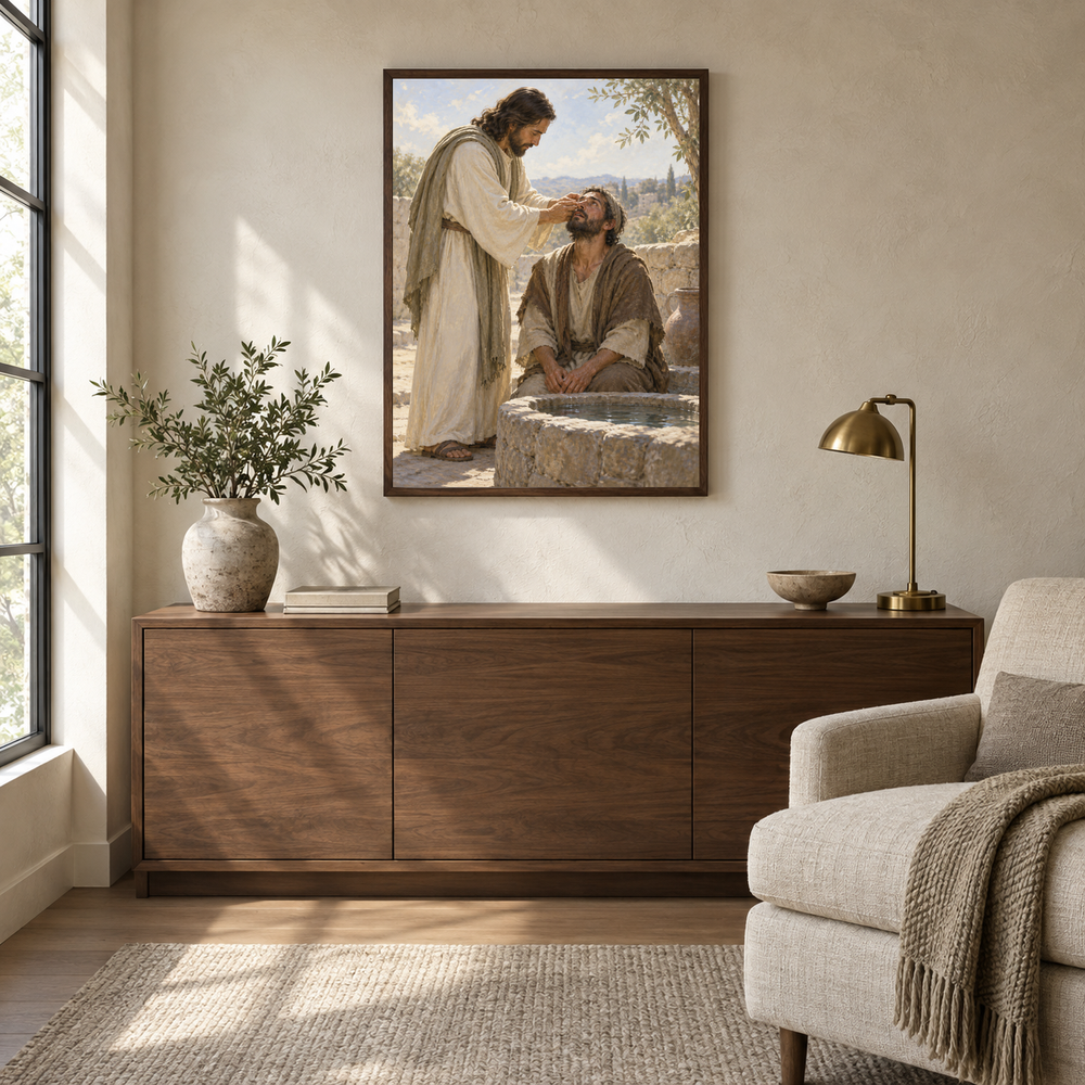 The Man Born Blind oil painting displayed in a quiet reading and prayer corner