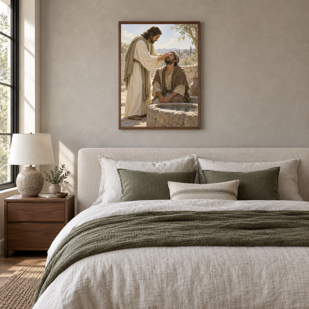 The Man Born Blind oil painting displayed in a neutral bedroom