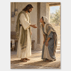 Jesus Heals the Bent Woman on a neutral gray background