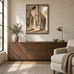 Jesus Heals the Bent Woman oil painting displayed in a quiet reading and prayer corner