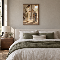 Jesus Heals the Bent Woman oil painting displayed in a neutral bedroom