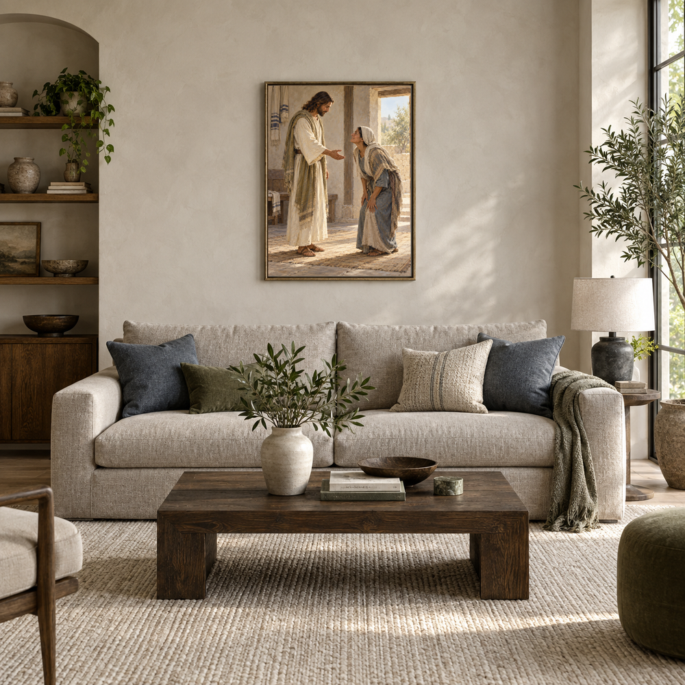 Jesus Heals the Bent Woman oil painting displayed in a modern living room