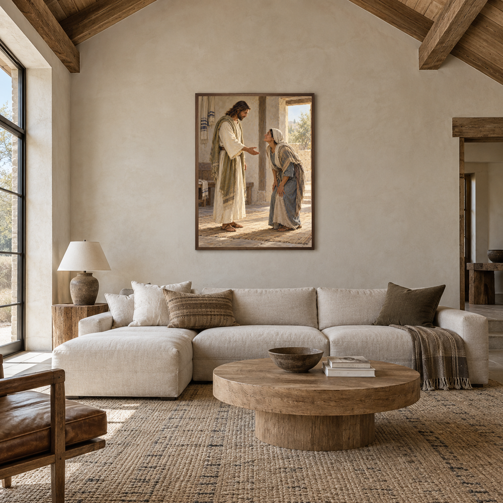 Jesus Heals the Bent Woman oil painting displayed in a living room