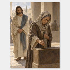 The Widow’s Offering on a neutral gray background