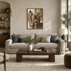 The Widow’s Offering oil painting displayed in a modern living room