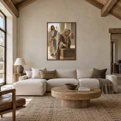 The Widow’s Offering oil painting displayed in a living room