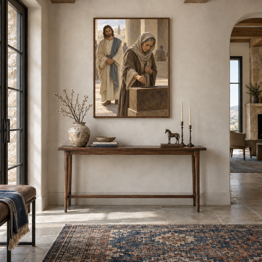 The Widow’s Offering oil painting displayed in a entryway