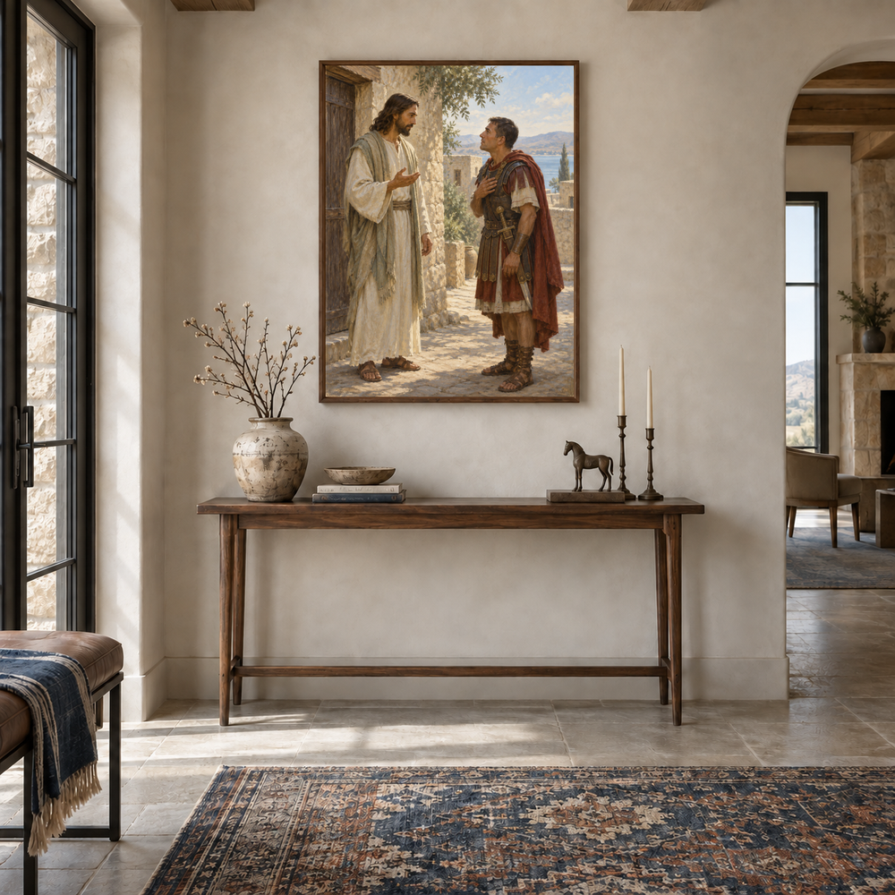 The Centurion’s Faith oil painting displayed in a entryway
