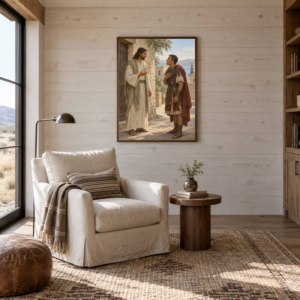 The Centurion’s Faith oil painting displayed in a reading room