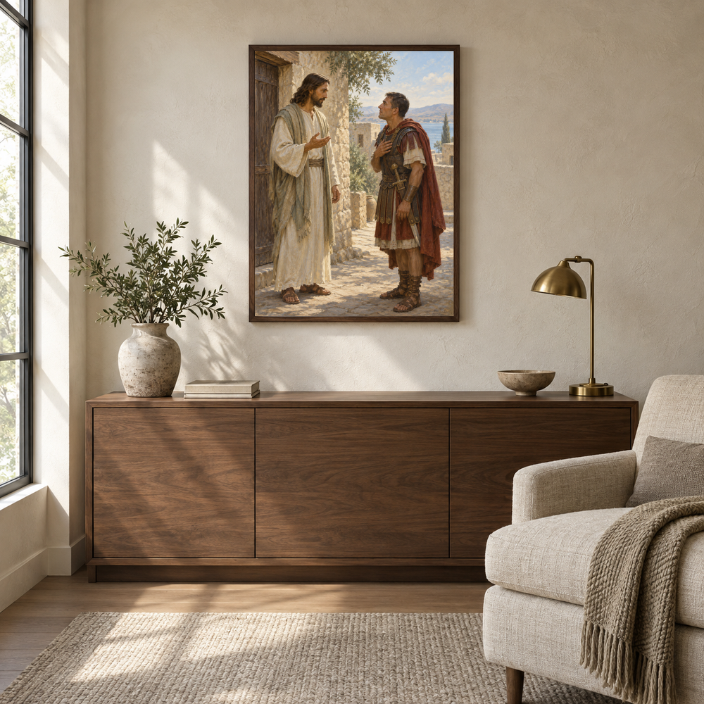 The Centurion’s Faith oil painting displayed in a quiet reading and prayer corner