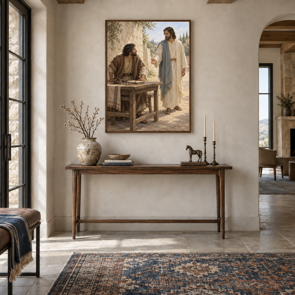 Levi Leaves the Tax Desk oil painting displayed in a entryway