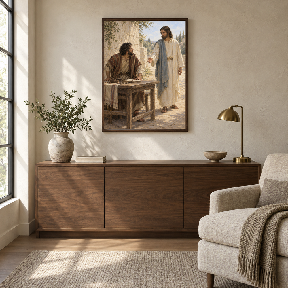 Levi Leaves the Tax Desk oil painting displayed in a quiet reading and prayer corner