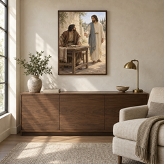 Levi Leaves the Tax Desk oil painting displayed in a quiet reading and prayer corner