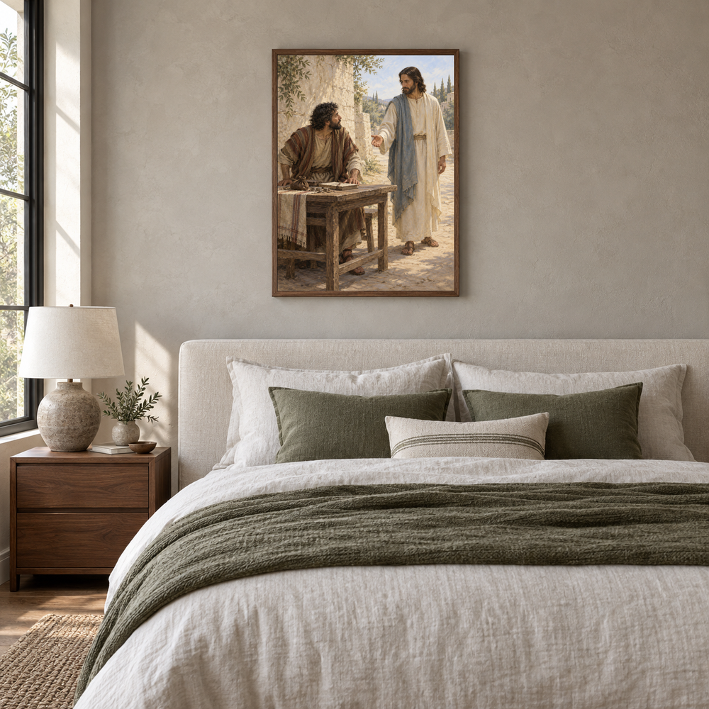 Levi Leaves the Tax Desk oil painting displayed in a neutral bedroom