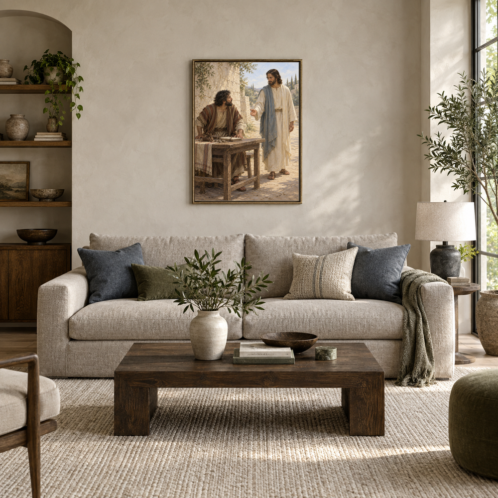 Levi Leaves the Tax Desk oil painting displayed in a modern living room