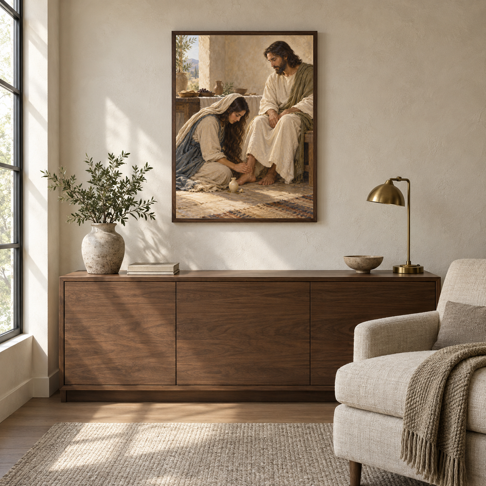 Mary Anoints Jesus at Bethany oil painting displayed in a quiet reading and prayer corner