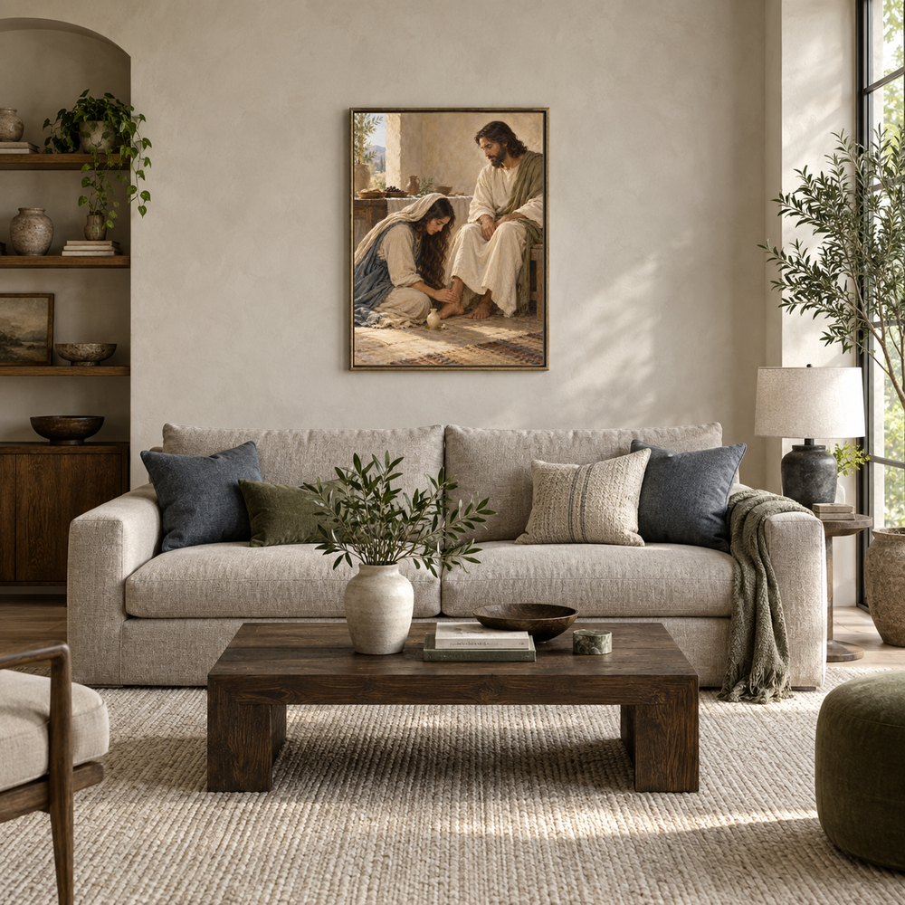 Mary Anoints Jesus at Bethany oil painting displayed in a modern living room