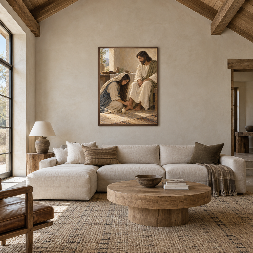 Mary Anoints Jesus at Bethany oil painting displayed in a living room