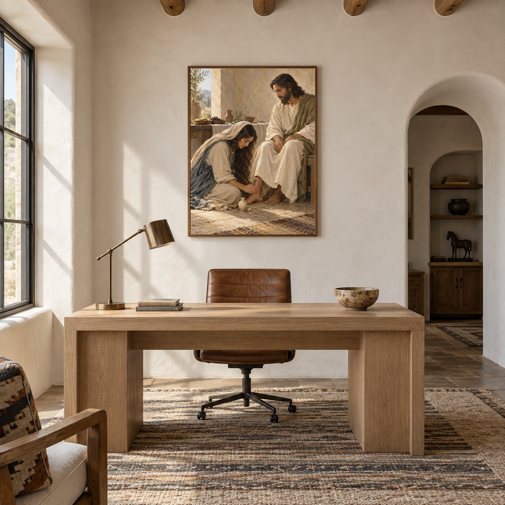 Mary Anoints Jesus at Bethany oil painting displayed in a study