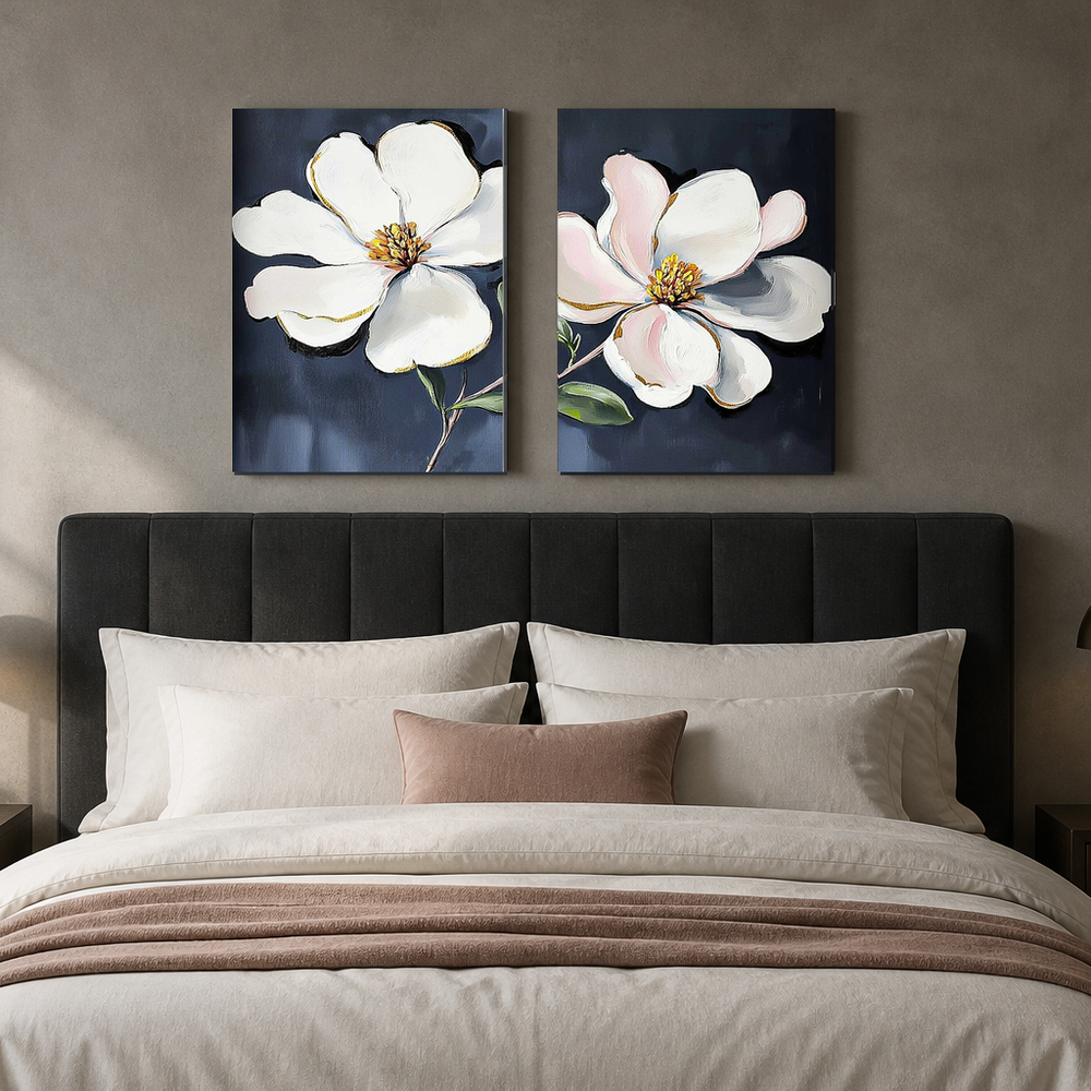 Two-panel white and blush blossom wall art set FL228 above a bedroom bed