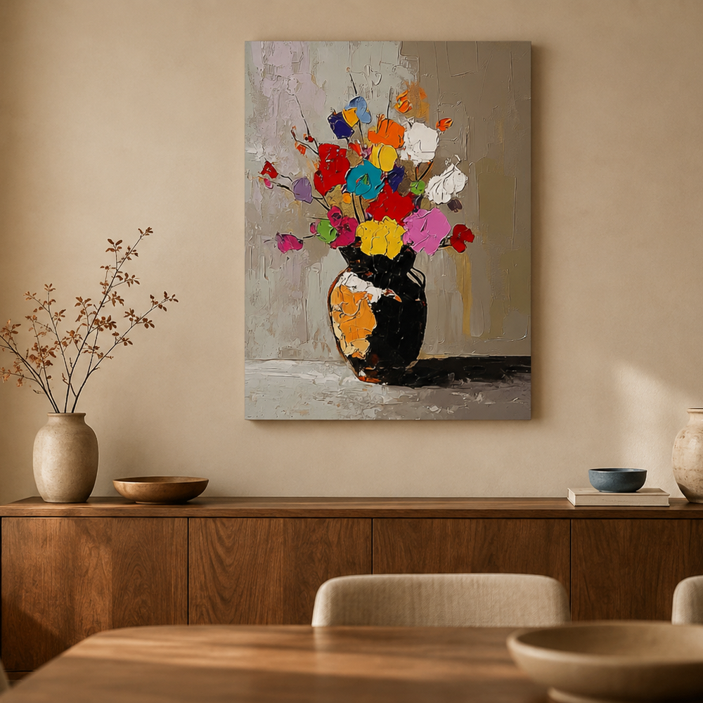 Multicolor floral vase painting FL244 against a beige dining room wall