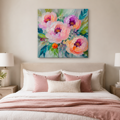 Square blush pink peony artwork FL263 hung securely above a bedroom headboard