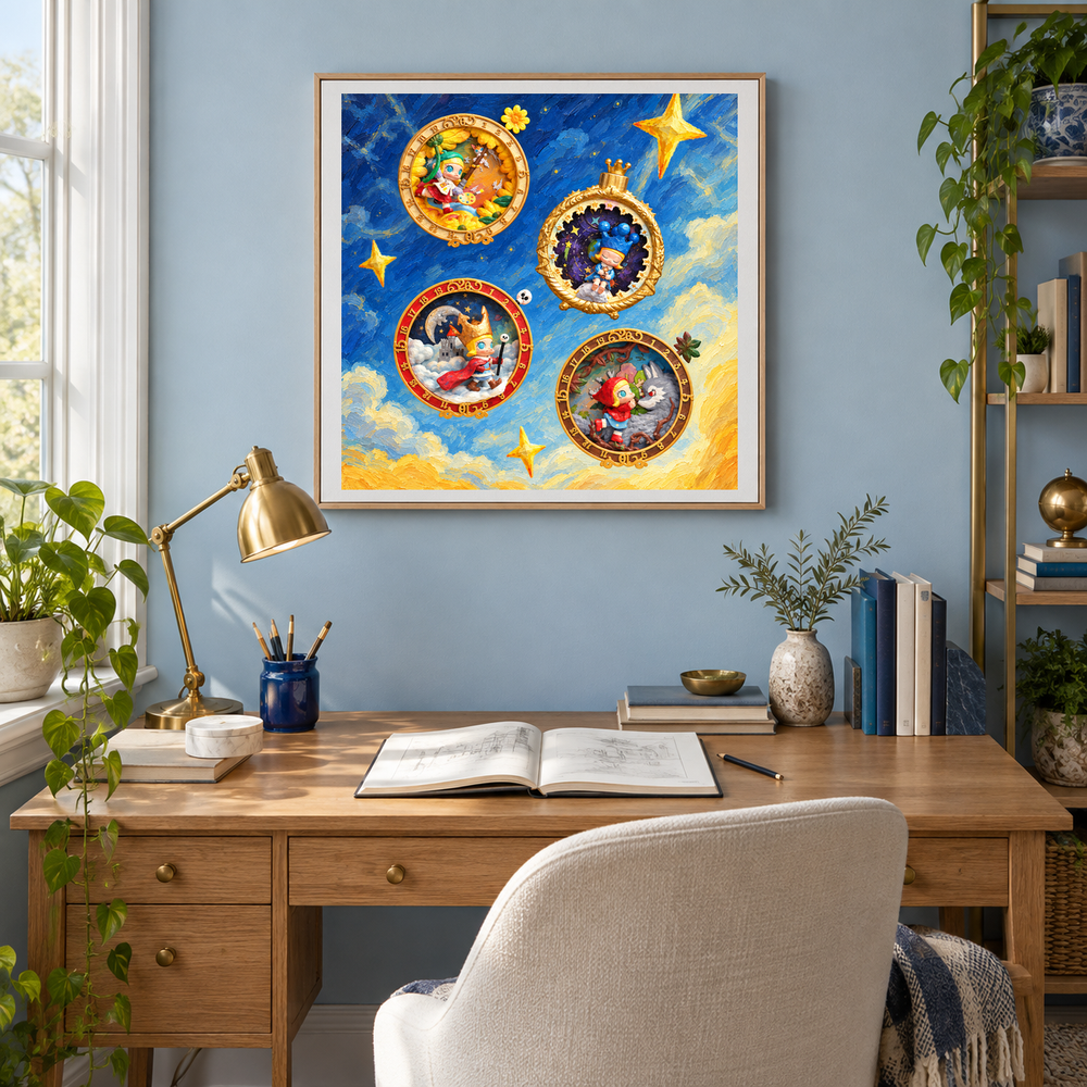 Golden Story Portals displayed in a study or creative desk with coordinated furniture