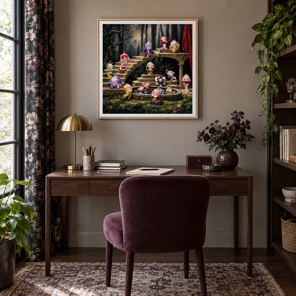 Midnight Petal Theatre displayed in a study or creative desk with coordinated furniture