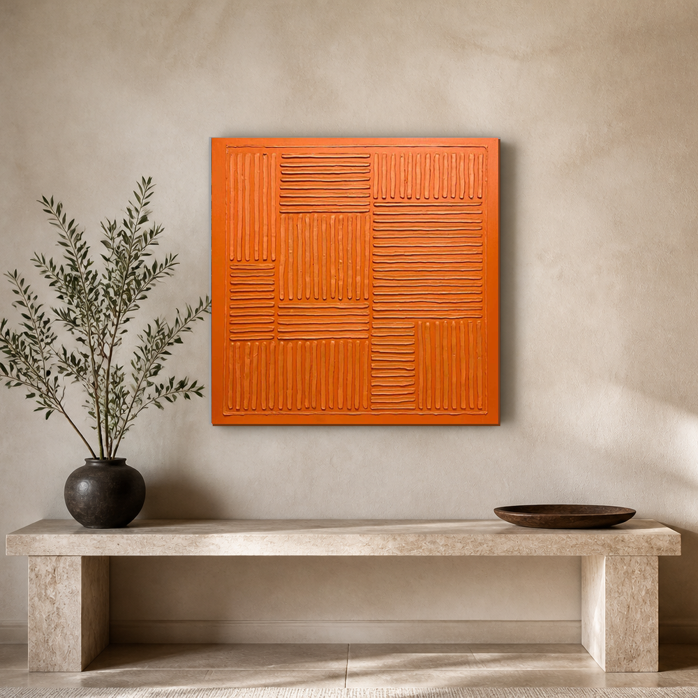 Square burnt orange geometric textured wall art MI064 above a stone console