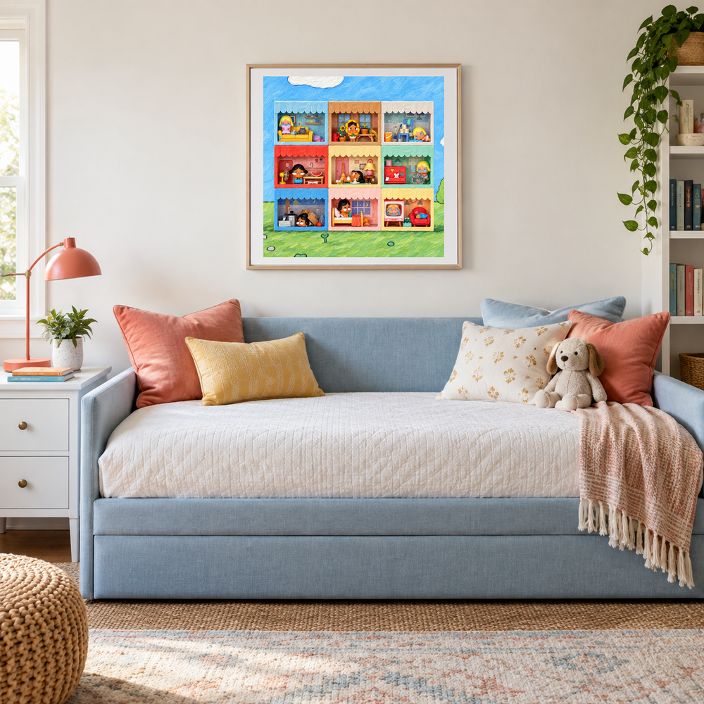 Nine Small Stories displayed in a bedroom or reading nook with coordinated furniture