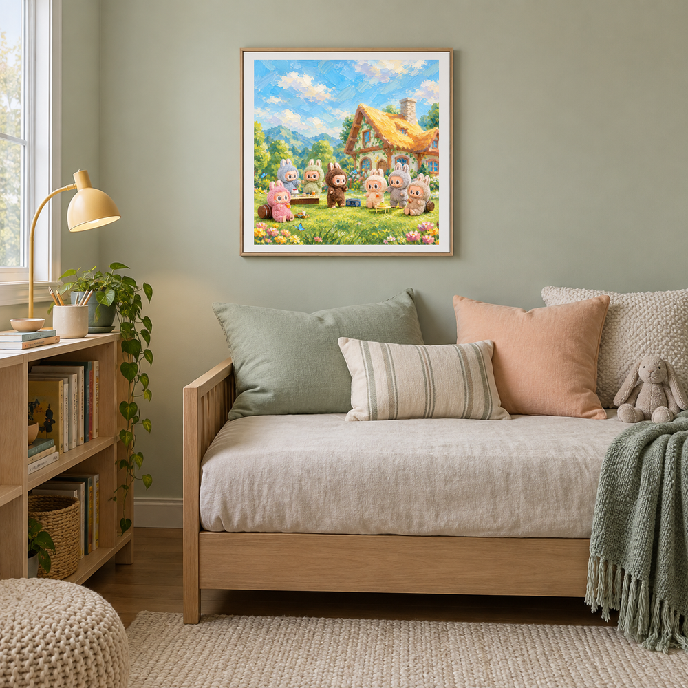 Pastel Garden Gathering displayed in a bedroom or reading nook with coordinated furniture