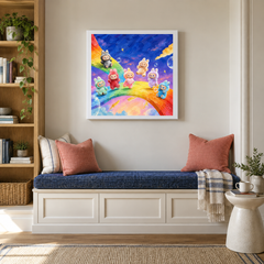 Rainbow Dream Parade oil painting displayed in a reading area